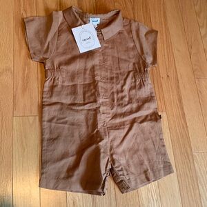Oeuf Button Down Romper 12-18 months Baby Boy Onesie Cotton Linen Blend Brown